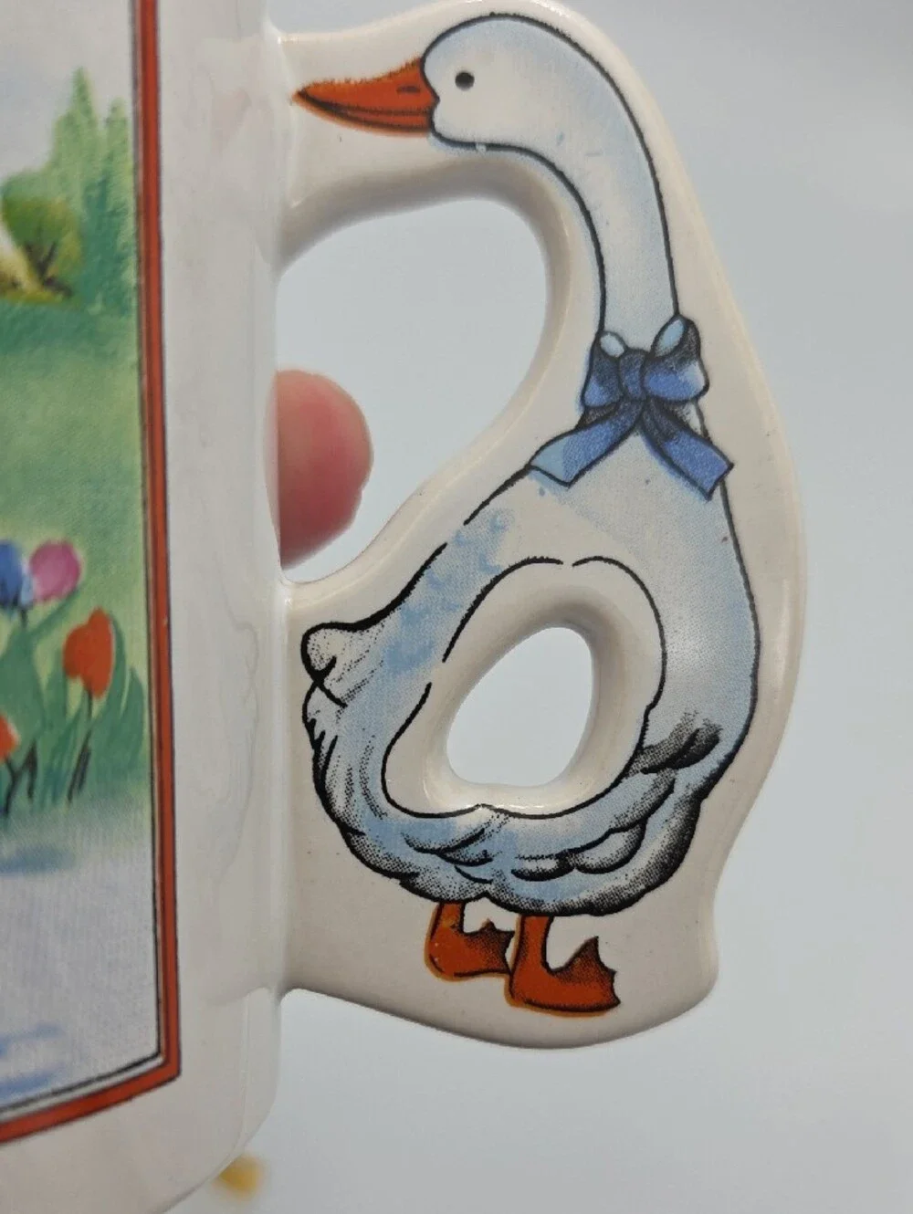 White Ceramic Goose Handle Mug with Colorful Farm Scene